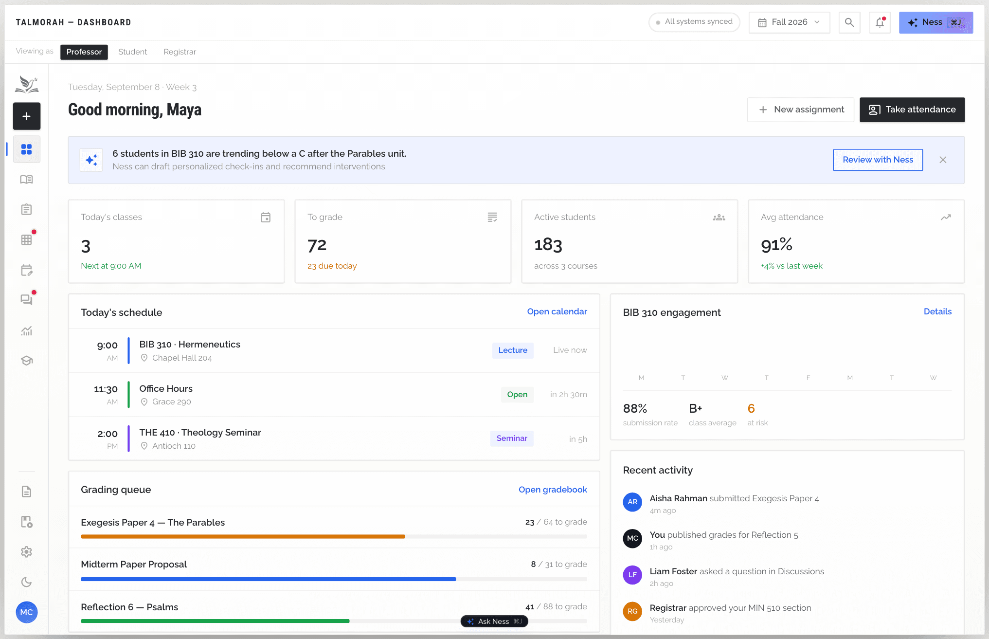 The ScholarOS dashboard: a professor's classes, grading queue, and student engagement laid out in one quiet workspace.